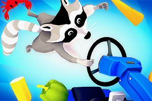 Uroczy szop skaczący w kierunku niebieskiej kierownicy, otoczony kolorowymi obiektami na niebieskim tle