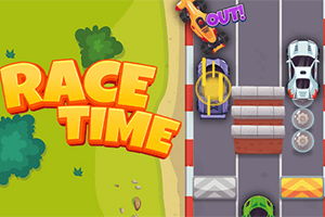 Kolorowa grafika przedstawiająca tor wyścigowy z samochodami wzdłuż barier i dużym napisem RACE TIME na zielonym tle