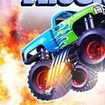 Wielka ciężarówka z ogromnymi kołami unosi się w powietrzu na tle płomieni