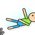 Rysunkowa postać leżąca pomiędzy dwoma zębatymi piłami na białym tle