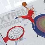 Mężczyzna w czerwonym stroju sportowym wykonuje wsad do kosza, skacząc z trampoliny w pomieszczeniu z napisem EXTREME RAGDOLL w tle