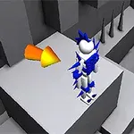 Postać w białym i niebieskim stroju na szarej platformie z pomarańczową strzałką i kolcami w tle