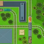 Widok z góry na układ torów kolejowych otoczony zielenią, budynkami i drogą z poruszającym się samochodem