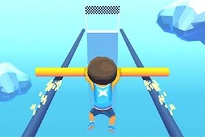 Postać trzymająca żółtą poprzeczkę wznosi się w kierunku mety w niebieskiej przestrzeni powietrznej z chmurami