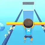 Postać trzymająca żółtą poprzeczkę wznosi się w kierunku mety w niebieskiej przestrzeni powietrznej z chmurami