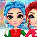 Dwie postacie z dużymi oczami, mające kolorowe, świątecznie udekorowane włosy: jedna z niebieskimi a druga z czerwonymi włosami, na jaskrawym tle