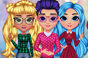 Trzy animowane postaci z dużymi oczami i kolorowymi włosami stoją obok siebie, ubrane w modne ubrania, z uśmiechami na twarzach