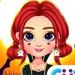 Dziewczynka z czerwonymi włosami w ozdobach w kształcie duchów na tle pełni księżyca, z nietoperzami i pająkami wokół