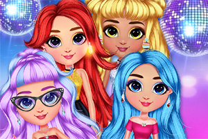 Cztery postacie z kolorowymi włosami i dużymi oczami na tle z brokatowymi kulami dyskotekowymi