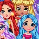 Cztery postacie z kolorowymi włosami i dużymi oczami na tle z brokatowymi kulami dyskotekowymi