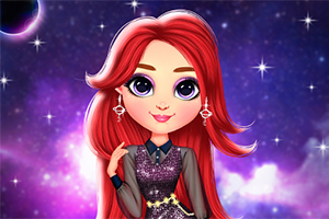 Postać z długimi czerwonymi włosami i fioletowymi oczami w kosmicznej scenerii z gwiazdami i planetą w tle