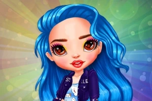 Postać z dużymi brązowymi oczami i długimi niebieskimi włosami na kolorowym tle