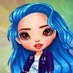 Postać z dużymi brązowymi oczami i długimi niebieskimi włosami na kolorowym tle