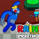 Niebieski potwór z koroną ucieka przed postacią w skafandrze z pistoletem, na tle laboratorium z tytułem Rainbow Monster Impostor Catcher