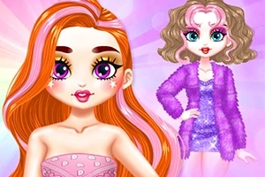 Dwie postacie z dużymi oczami, jedna z długimi rudymi włosami i w różowym ubraniu, druga w fioletowym futrzanym płaszczu na tle jasnych kolorów