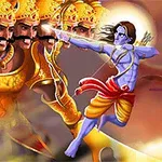 Postać z niebieską skórą strzela z łuku do wojownika z wieloma głowami i w złotej zbroi