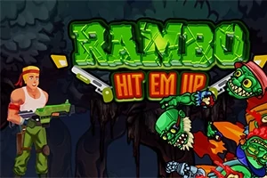 Postać z opaską na głowie trzyma karabin, stając naprzeciwko zielonych zombie na tle ciemnego lasu, z kolorowym napisem w tle