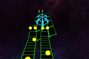 Kolorowa spirala z niebiesko-zielonymi prostokątnymi ścieżkami i żółtymi kulami na tle kosmosu