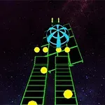 Kolorowa spirala z niebiesko-zielonymi prostokątnymi ścieżkami i żółtymi kulami na tle kosmosu