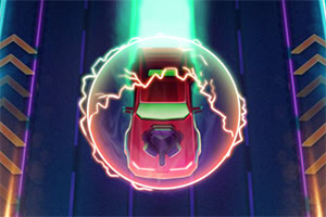 Czerwony samochód w bańce energetycznej na futurystycznej drodze z neonowymi strzałkami