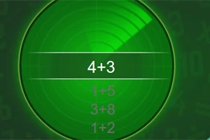 Zielony ekran radaru z widocznymi równaniami matematycznymi, z centralnie umieszczonym równaniem 4+3