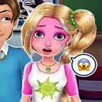 Dziewczyna z różową skórą i zaskoczonym wyrazem twarzy stoi obok chłopaka w niebieskim swetrze, a obok nich znajdują się emotikony diabła i zszokowanej twarzy