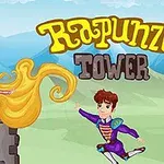 Księżniczka z długimi, złotymi włosami wychylająca się z wieży, a książę biegnie w jej kierunku w idyllicznym, górskim krajobrazie