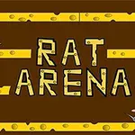Napis RAT ARENA na tle z żółtymi platformami przypominającymi ser, z dwoma rysunkowymi szczurami po bokach
