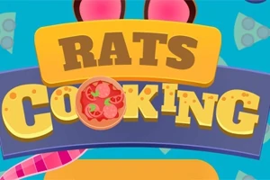 Napis RATS COOKING z ilustracją pizzy na kolorowym tle z serowymi elementami