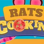 Napis RATS COOKING z ilustracją pizzy na kolorowym tle z serowymi elementami