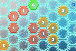 Sześciokątna siatka z numerami, w której komórki są wypełnione różnymi kolorami i liczbami, na tle w odcieniach niebieskiego