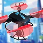 Czarny dron z czerwonymi śmigłami na rozmytym tle miejskim