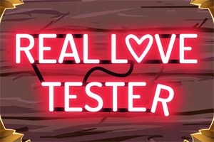 Neonowy napis Real Love Tester z sercem zamiast litery O na tle drewna