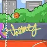 Koszykarskie boisko miejskie z pomarańczową piłką lecącą w stronę kosza, graffiti na murze i zielonymi drzewami w tle