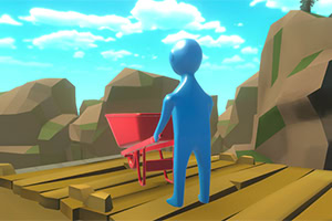 Niebieska postać stoi na drewnianej platformie z czerwonym taczkami, otoczona górami i błękitnym niebem