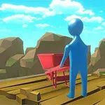 Niebieska postać stoi na drewnianej platformie z czerwonym taczkami, otoczona górami i błękitnym niebem