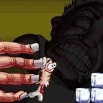 Postać z wyrazem przestrachu na twarzy uniesiona przez dłoń z długimi paznokciami, otoczona kostkami lodu i przyrządami laboratoryjnymi w tle