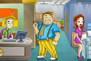 Mężczyzna przy biurku z komputerem, obok grubszego mężczyzny w żółtych spodniach i kobieta w różowej sukience trzymająca dokumenty