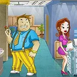 Mężczyzna przy biurku z komputerem, obok grubszego mężczyzny w żółtych spodniach i kobieta w różowej sukience trzymająca dokumenty