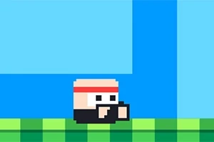 Pixelowa grafika z postacią w opasce na głowie na tle niebieskiego nieba i zielonej trawy