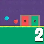 Niebieska postać, czerwona postać z jednym okiem, dwa kolorowe klejnoty i drzwi z kluczowymi otworami na tle fioletowego nieba oraz liczba 2 w prawym dolnym rogu