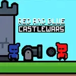 Dwóch pikselowych rycerzy w kolorach czerwonym i niebieskim stoi obok działa przed zamkiem