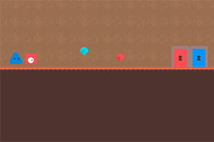 Niebieska trójkątna postać i czerwona kwadratowa postać obok kolorowych kryształów i dwóch drzwi z zamkami na brązowym tle