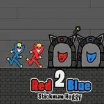 Niebieski i czerwony stickman z koronami biegną obok dwóch drzwi z maskami w tych samych kolorach na tle szarej ceglanej ściany