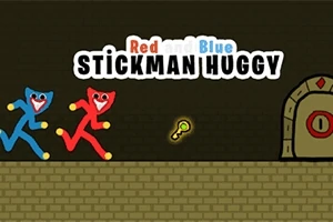 Dwie kolorowe postacie stickman w kolorach niebieskim i czerwonym biegną w kierunku klucza i drzwi z zamkiem, a nad nimi znajduje się napis Red and Blue Stickman Huggy