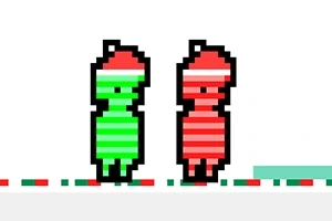Dwa pikselowe postacie, jedna zielona i jedna czerwona, stojące na białym tle