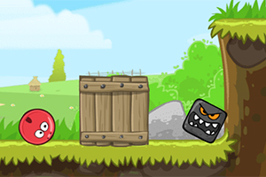 Czerwona kulka i czarny kwadrat z groźną twarzą obok drewnianej skrzyni na tle zielonego krajobrazu