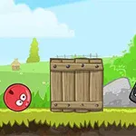 Czerwona kulka i czarny kwadrat z groźną twarzą obok drewnianej skrzyni na tle zielonego krajobrazu