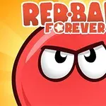 Uśmiechnięta czerwona piłka z oczami na żółtym tle, z napisem Red Ball Forever na górze