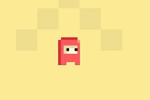 Prostokątny czerwony stworek na kremowym tle z pikselowym wzorem powyżej